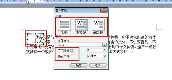 首字下沉参数设置界面